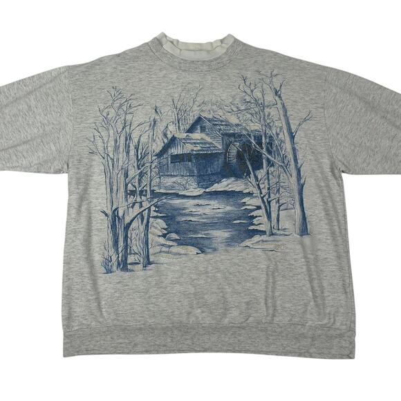 Vintage Winter Scene Cabin Snow River Graphic Gray Blue Crewneck Size XL - Picture 1 of 7